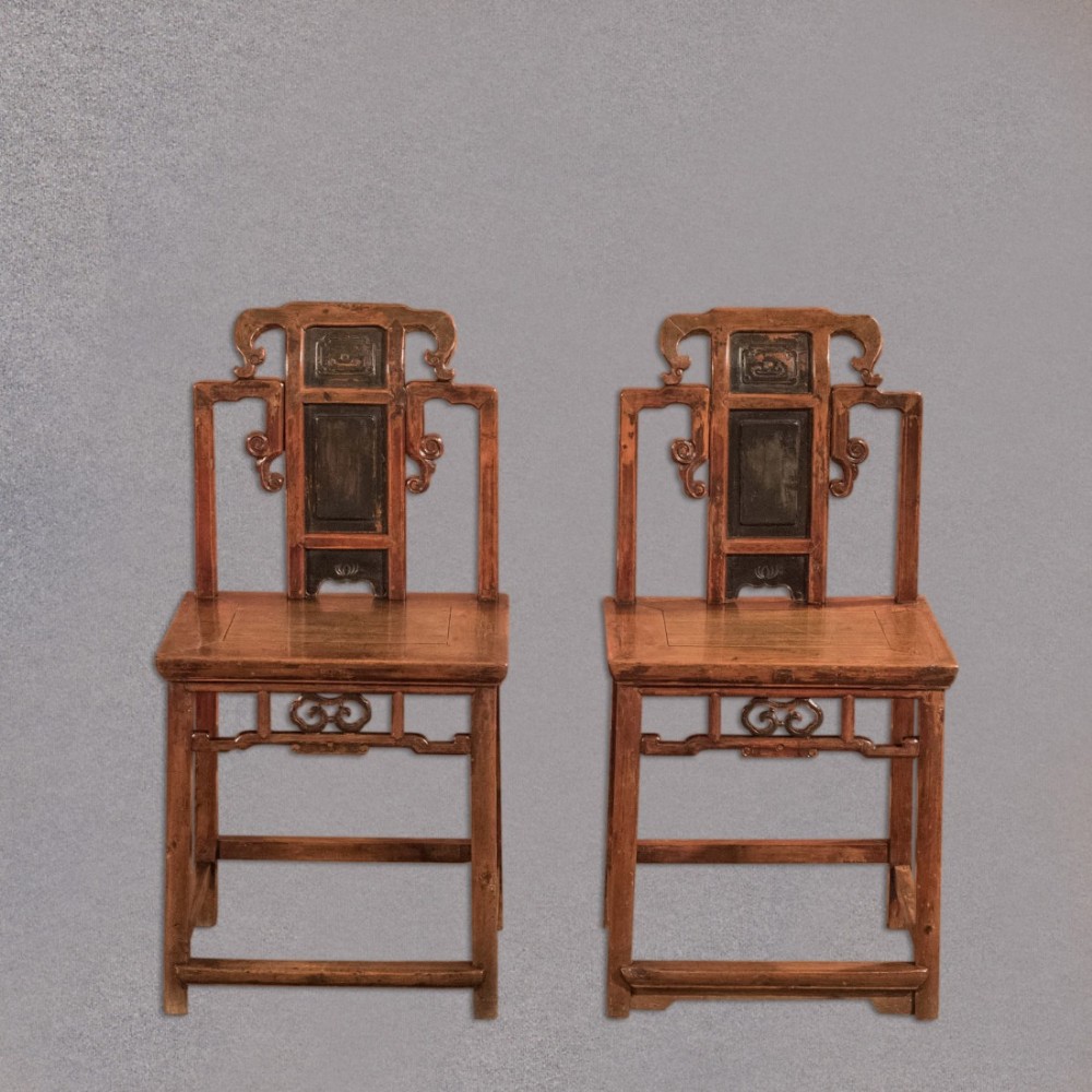 Antique Pair of Hall Chairs, Chinese Elm, Lacquered Dining Seats Oriental c.1900