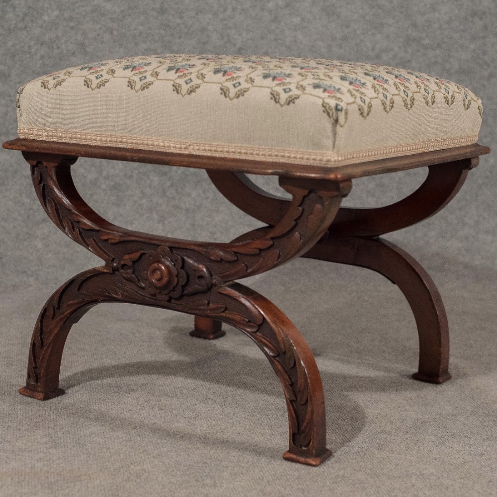 Antique Dressing Music Stool Footstool Needlepoint Tapestry Victorian c1870
