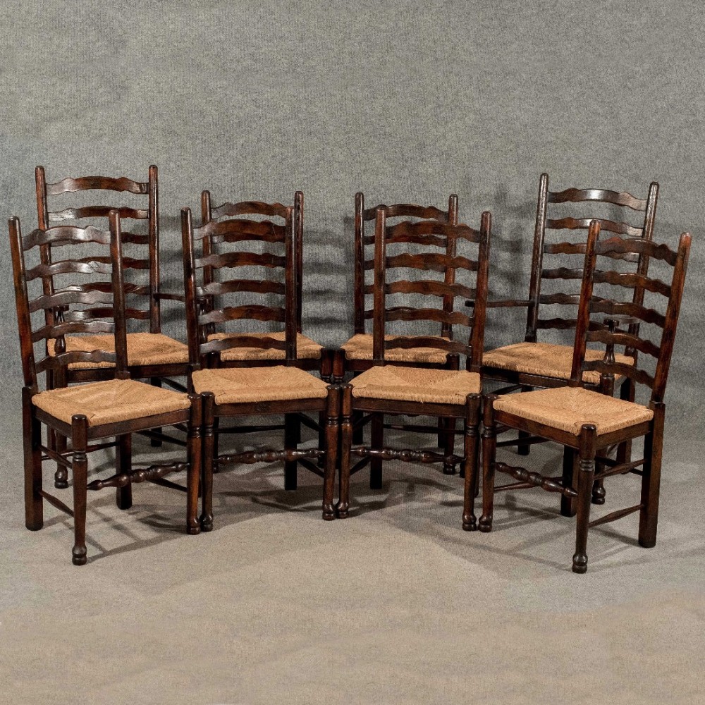 Antique Set 8 Oak Dining Kitchen Chairs Lancashire Ladder back Top Quality c1940