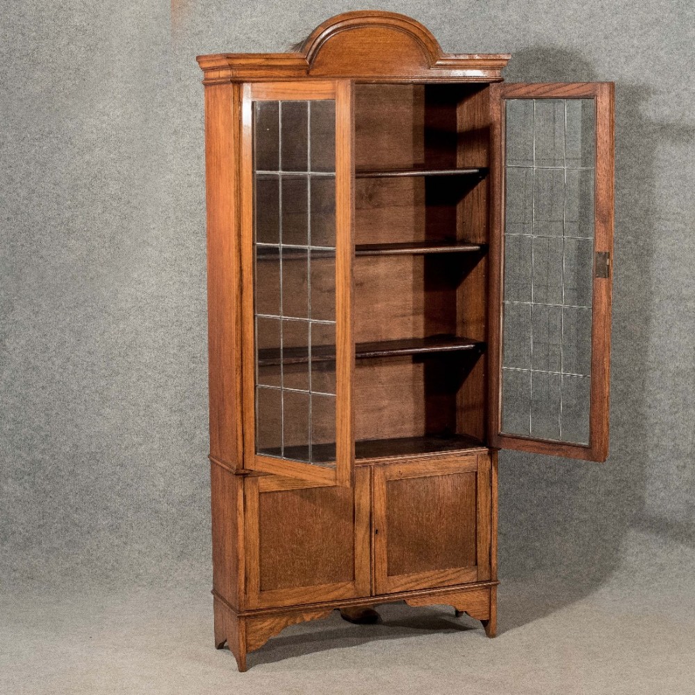 Antique Bookcase Display Cabinet Oak English Quality Lead Glass Edwardian c1910