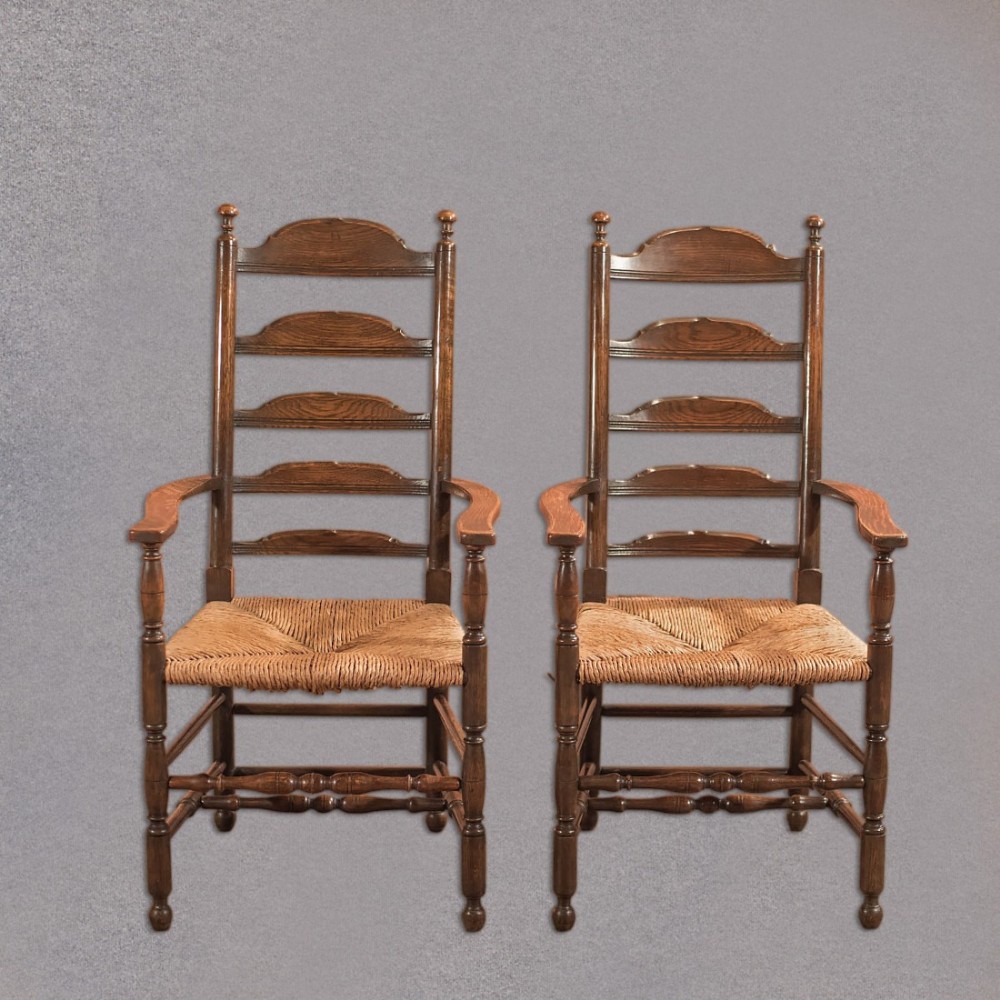 Pair of Antique Elbow Chairs, Dining Ladderbacks c.1900 