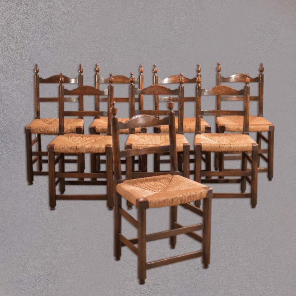 Set of 8 Antique Dining Chairs, Rush Seats, c.1900