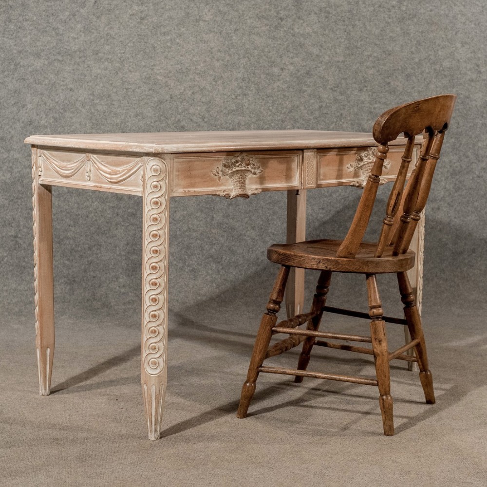 Antique French Writing Desk Side Table Twin Drawers Lime Waxed Mahogany c1880
