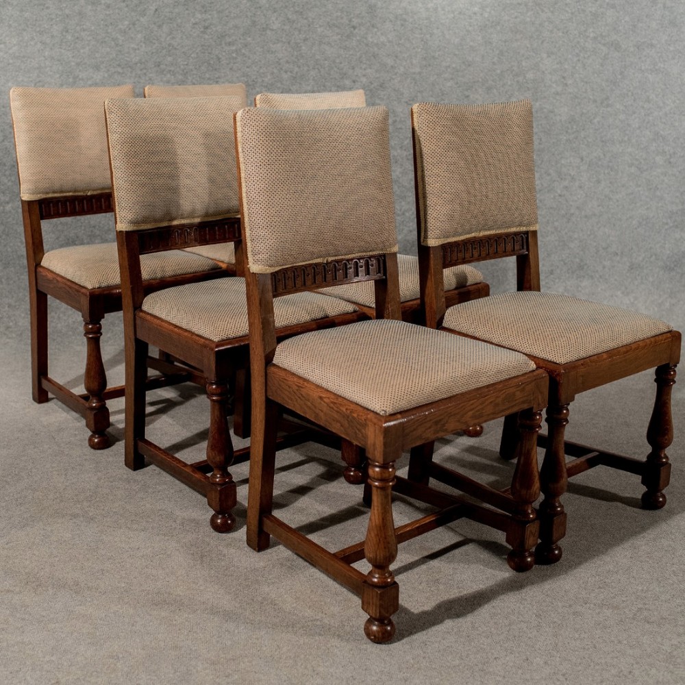Antique Oak Set 6 Six Dining or Kitchen Chairs Comfy & Quality Upholstered c1910