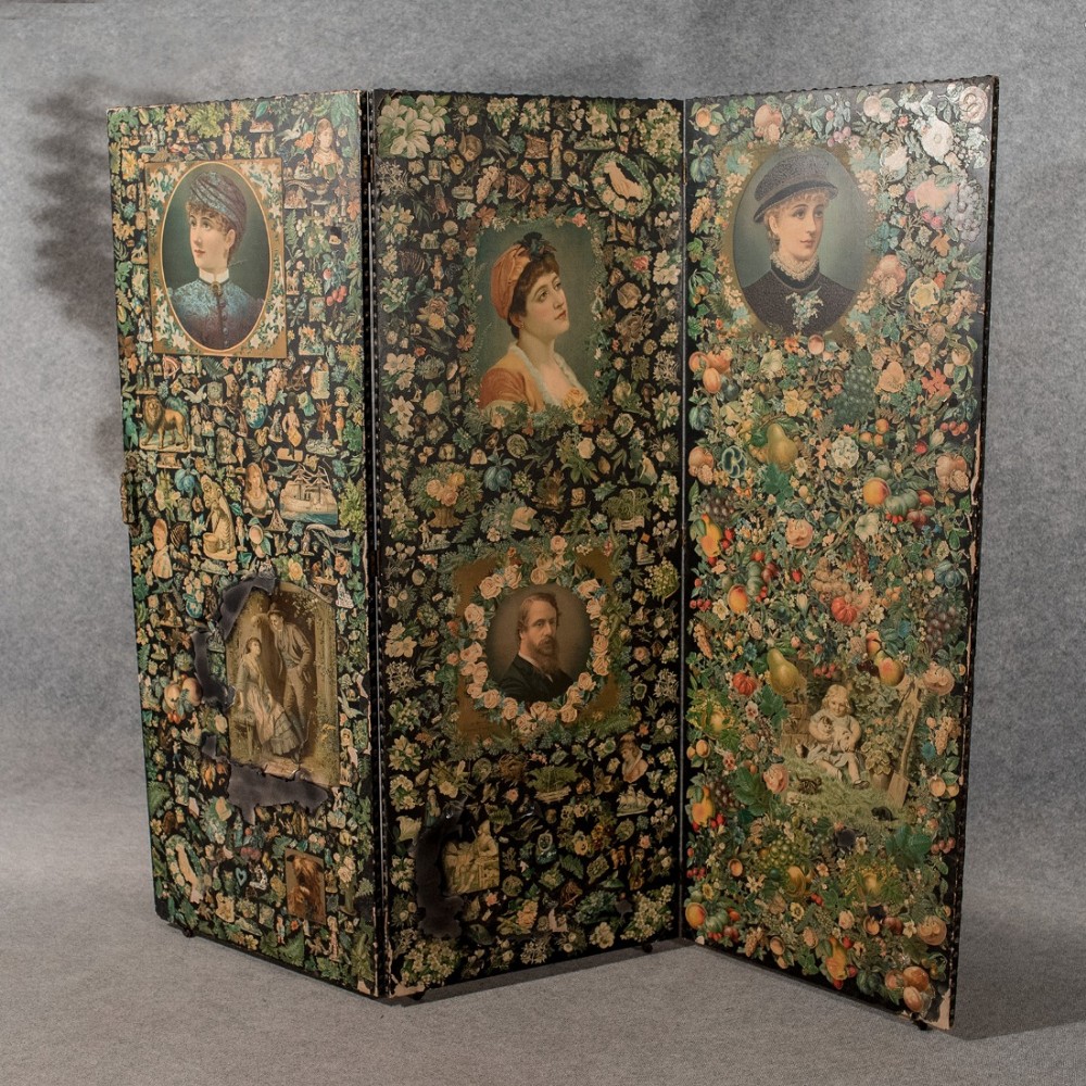 Antique 'Scrap' Screen Victorian Room Divider Studio Prop Découpage Panel c1880