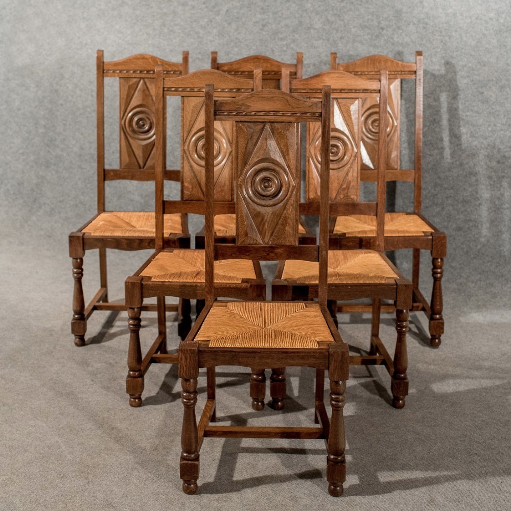 Antique Oak Set 6 Six Country Dining Kitchen Chairs Rush Seated Edwardian c1910