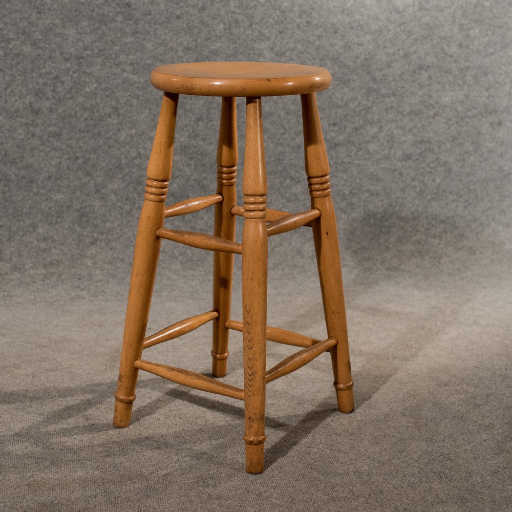 Antique Tall Bar Machinist Laboratory Stool in Beech Vintage Edwardian c1910