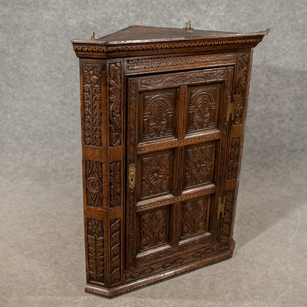 Antique Oak Carved Corner Cabinet Wall Cupboard English Victorian Revival c1880