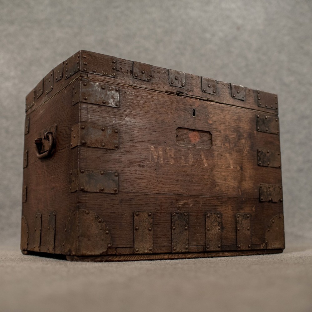 Antique Small Oak Silver Chest Ironbound Storage Trunk English Victorian c1850