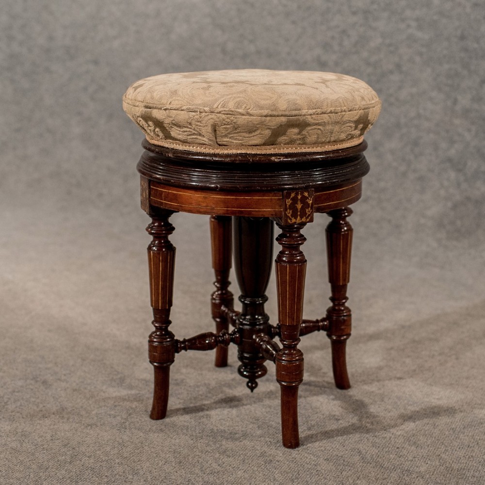 Antique Rotating Piano Music Stool Walnut with Marquetry Inlay Victorian c1880
