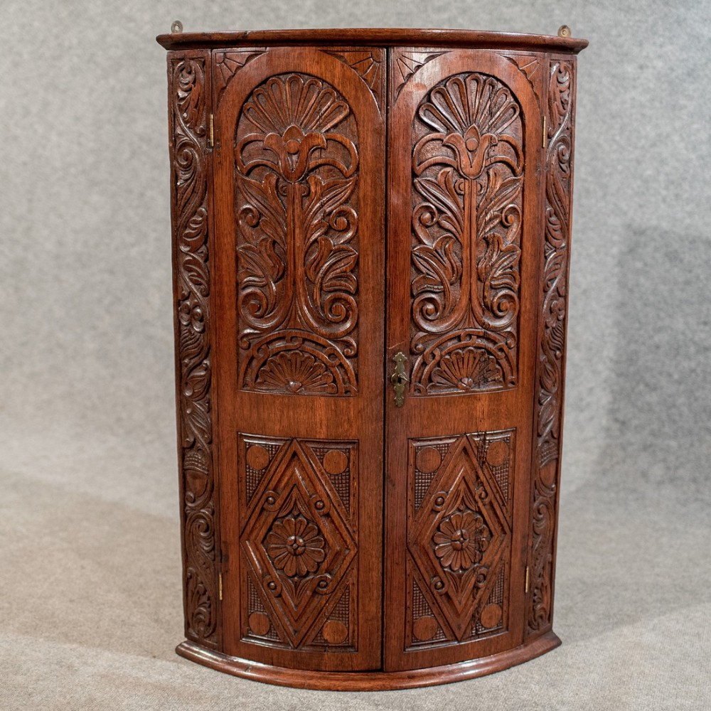 Antique Oak Bow Front Corner Cabinet Wall Cupboard - English Victorian c1890