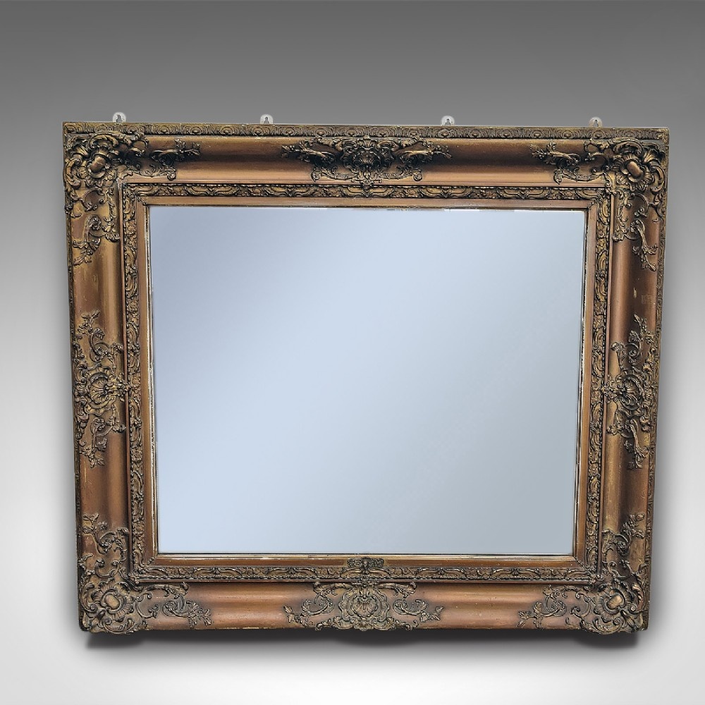 Antique Wall Mirror, Victorian, Gilt Gesso Overmantel Frame With Later Plate