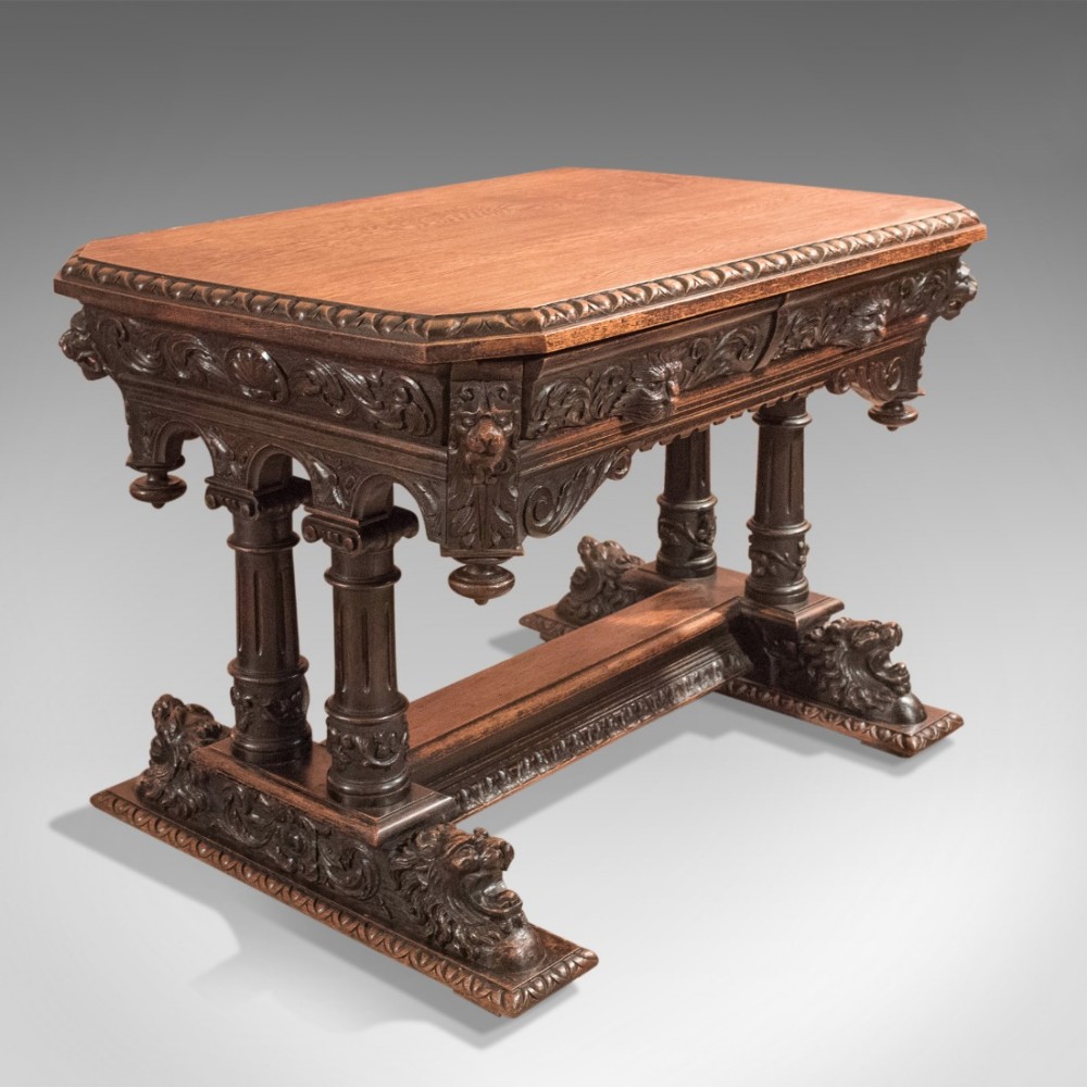 Antique Library Table, Victorian Carved Oak, Scottish c.1850