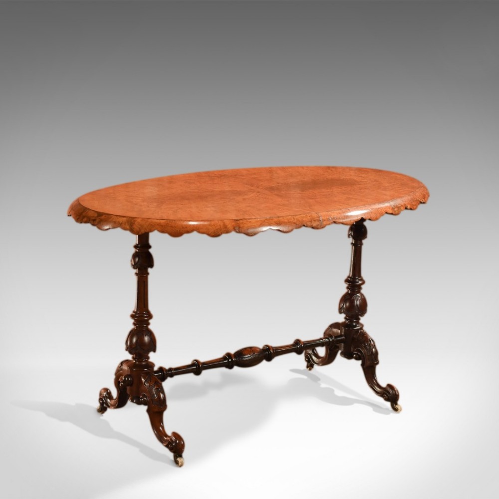 Antique Stretcher Table, Victorian Burr Walnut c.1860