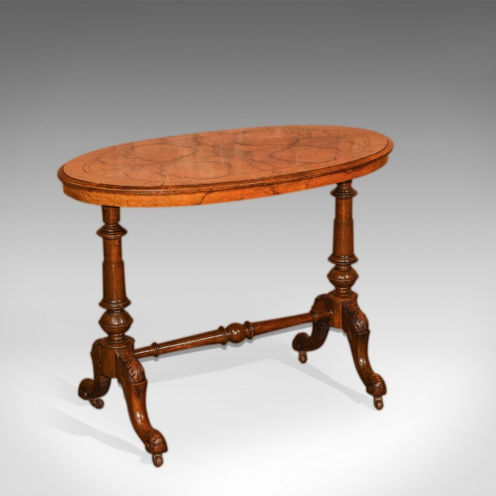 Victorian Burr Walnut Antique Stretcher Table, c.1850