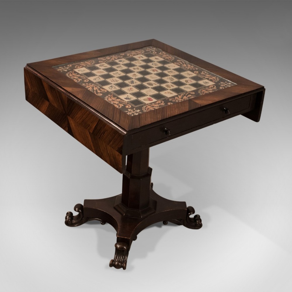 Antique Chess Board Games Table - Quality English Regency in Kingwood - c1820