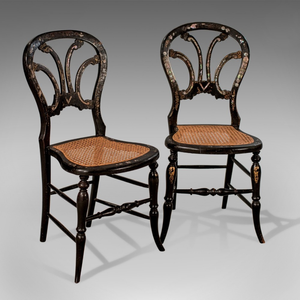 Antique Victorian Pair Side Hall Dining Chairs Ebonised Mother of Pearl c1880