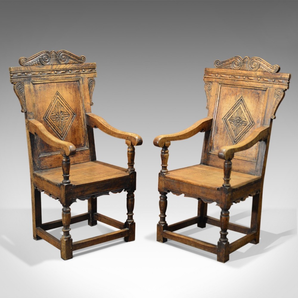 Antique Pair of Hall Chairs, 19th Century Baronial