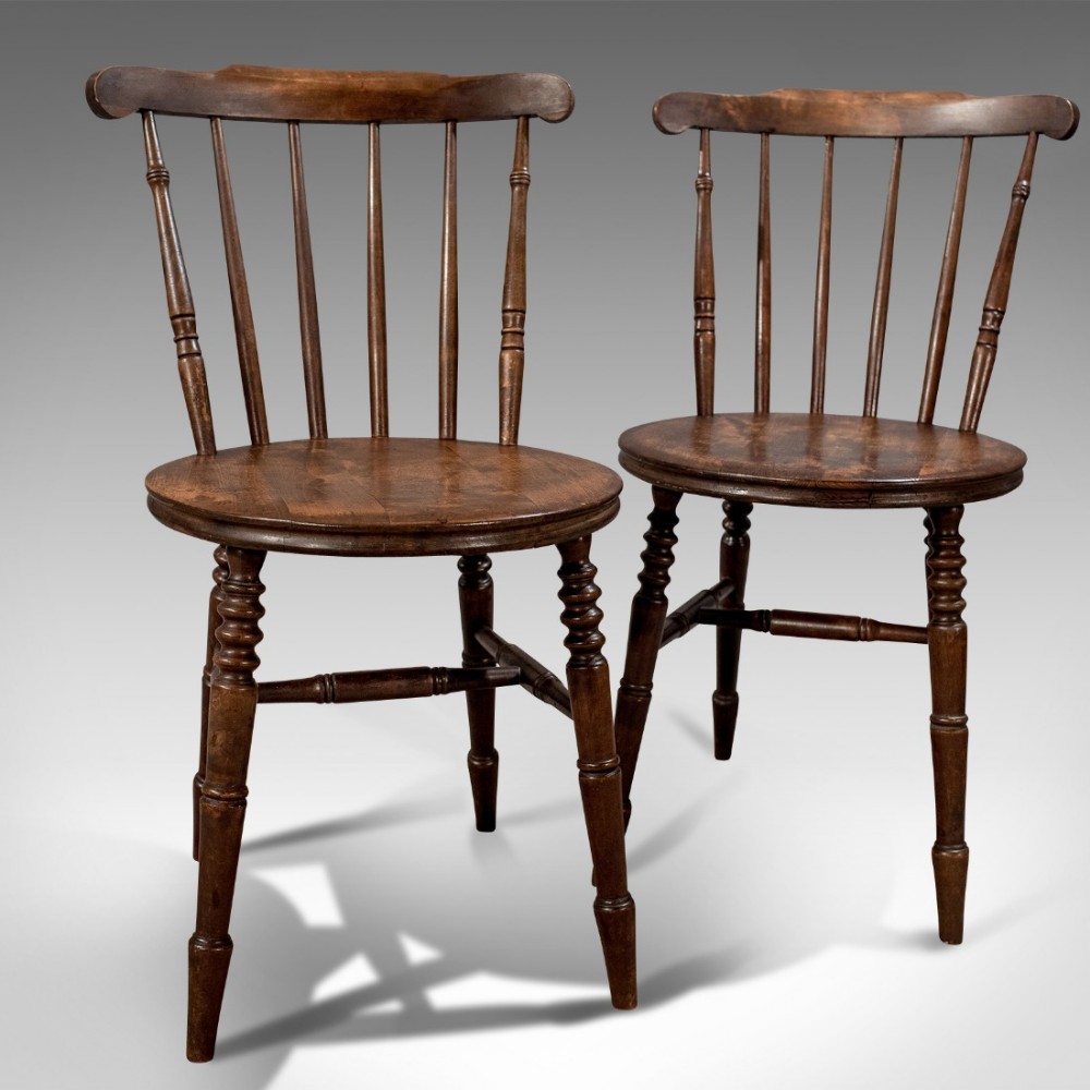 Antique Pair of Kitchen Dining Windsor Chairs Quality Dark English Beech c1900