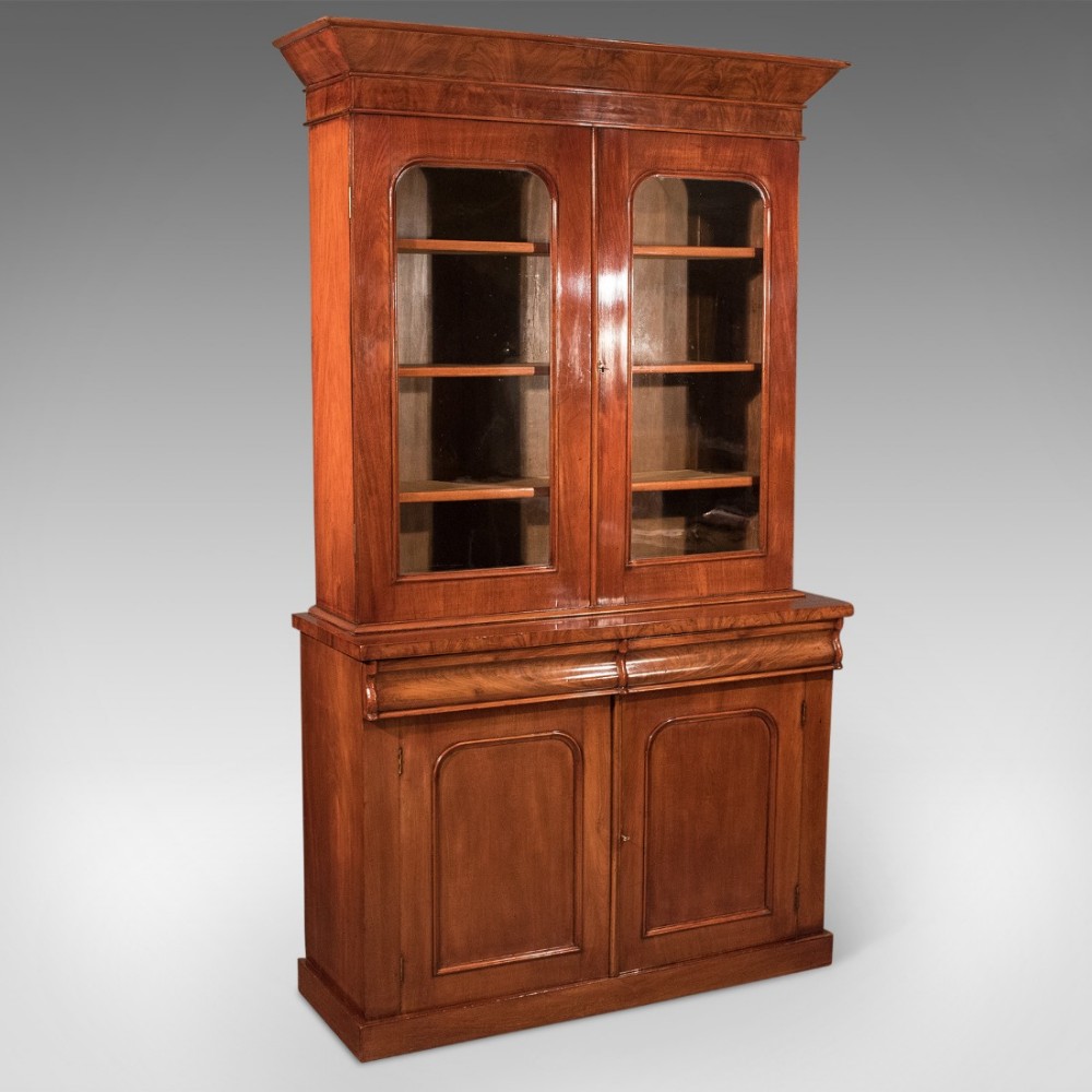 Antique Victorian English 4' Bookcase Display Cabinet Fine Flame Mahogany c1870
