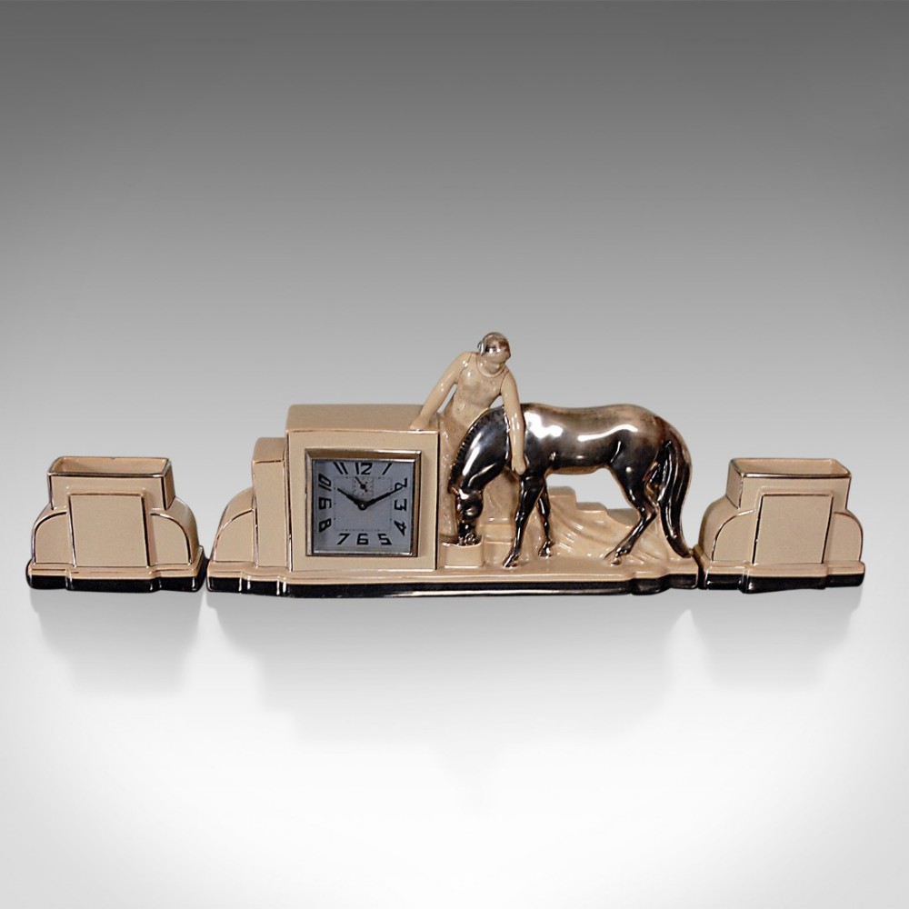 Art Deco Clock and Garnitures, French Odyv Timepiece, Working with Alarm