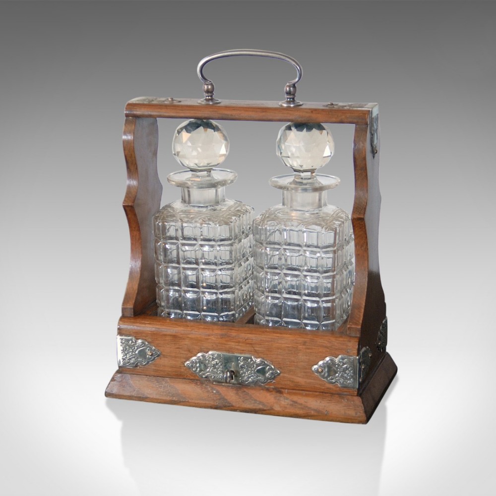 Antique Tantalus, Pair of Decanters, Oak Victorian