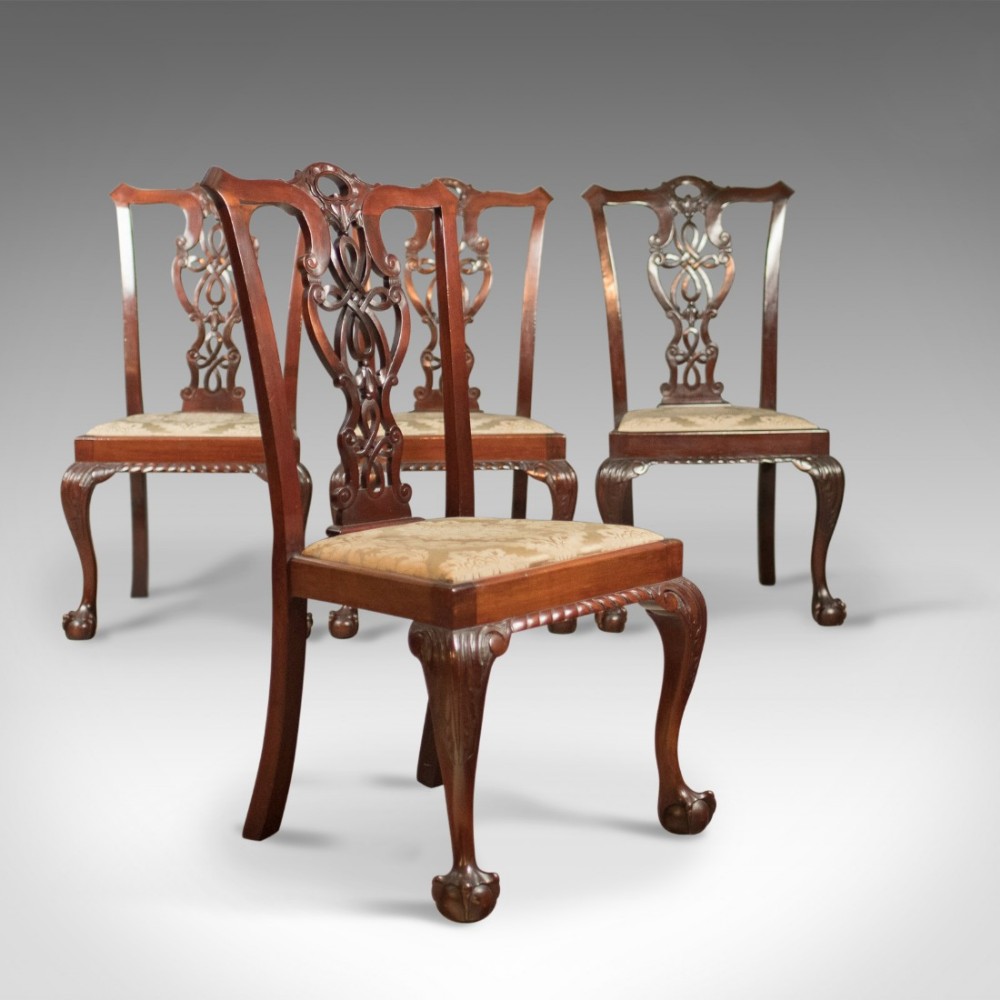 Set of 4 Antique Dining Chairs, Victorian Chippendale Revival, c.1890