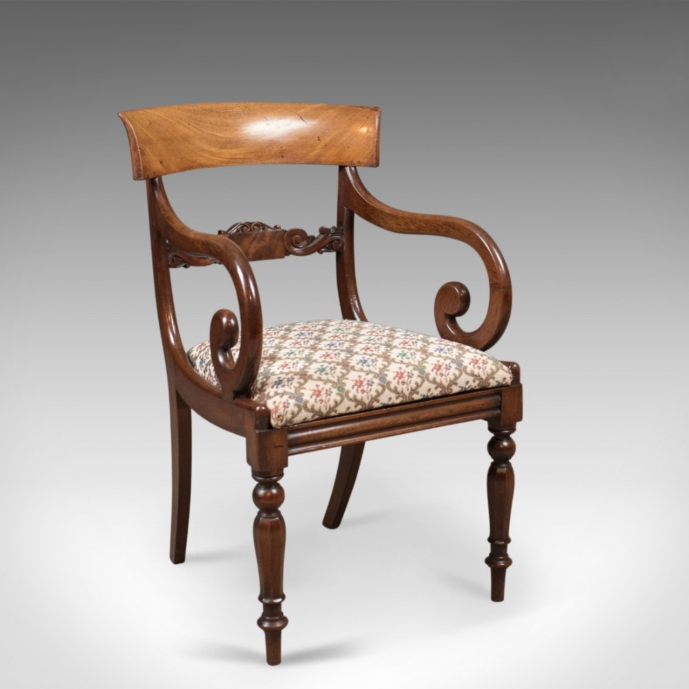 Antique Scroll Arm Chair, Regency Mahogany c.1830