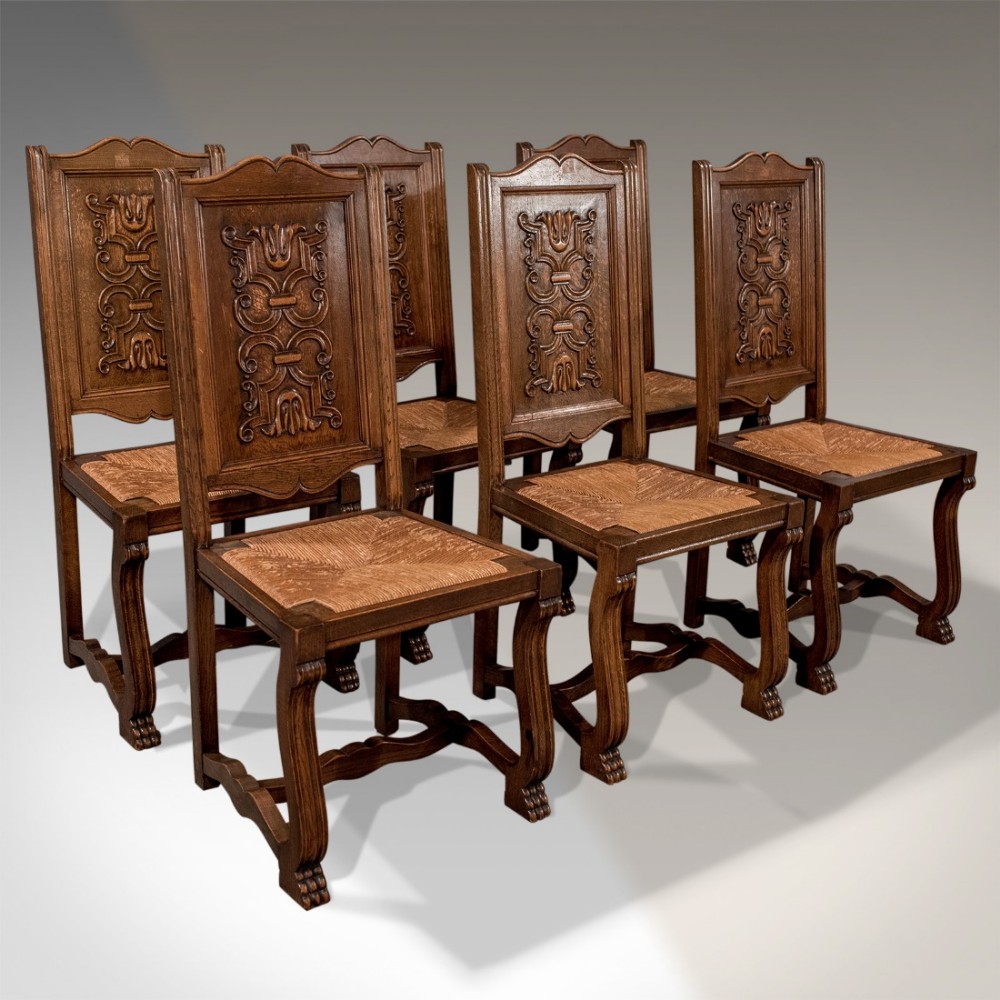 Antique Oak Set of 6 French Kitchen Dining Chairs Quality Rush Seats c1910