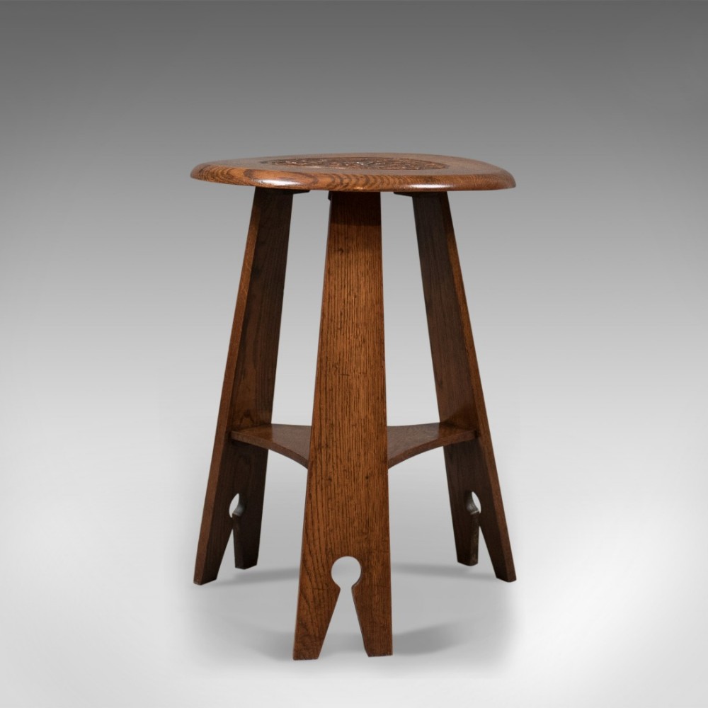Arts & Crafts Side Table, Carved Oak, c.1890