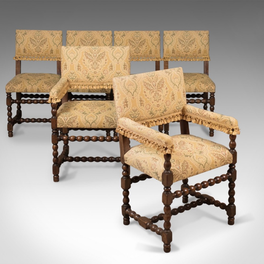 Set of 6 Antique Dining Chairs, Edwardian Jacobean Revival
