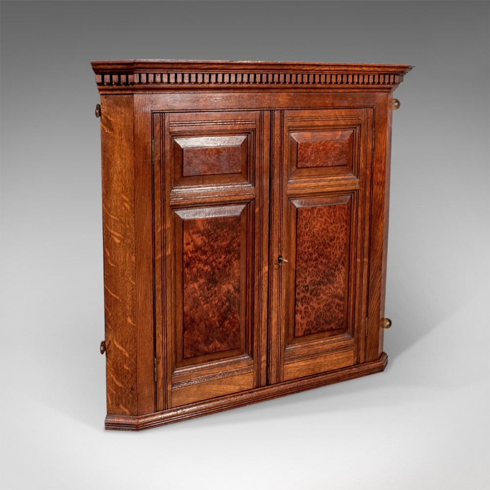 Antique Small Corner Wall Cabinet Cupboard Oak & Amboyna English Edwardian c1910