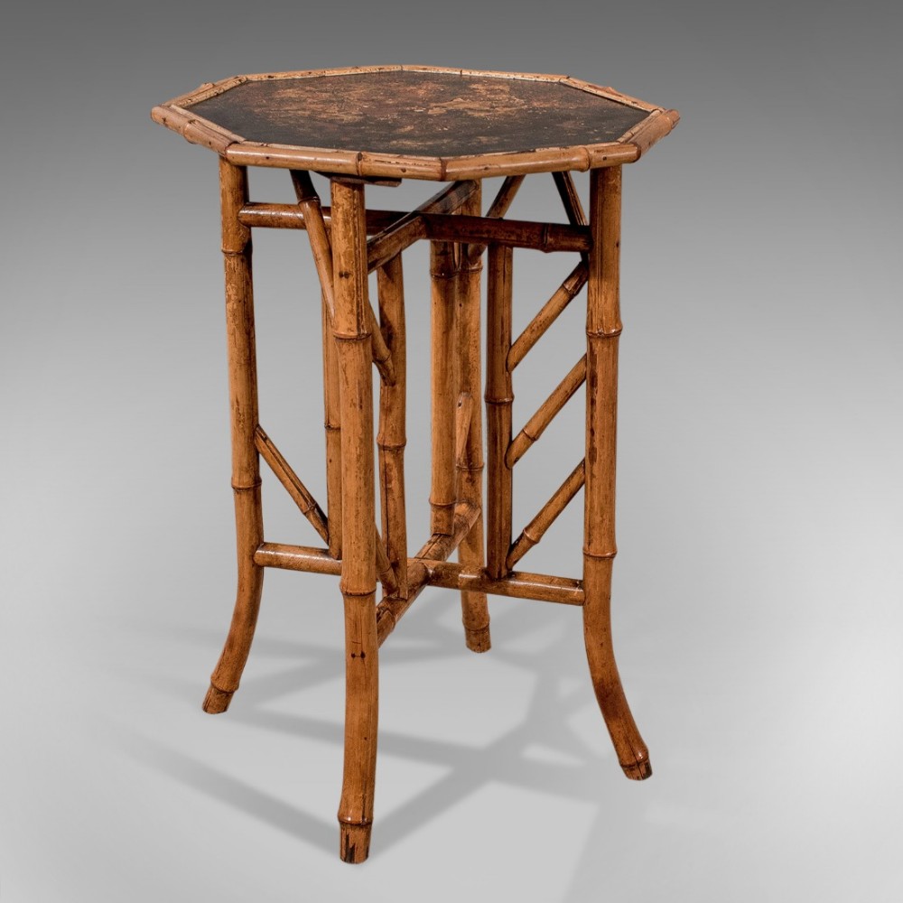 Antique Octagonal Oriental Bamboo Lamp Side Table Lacquered Top Victorian c1890