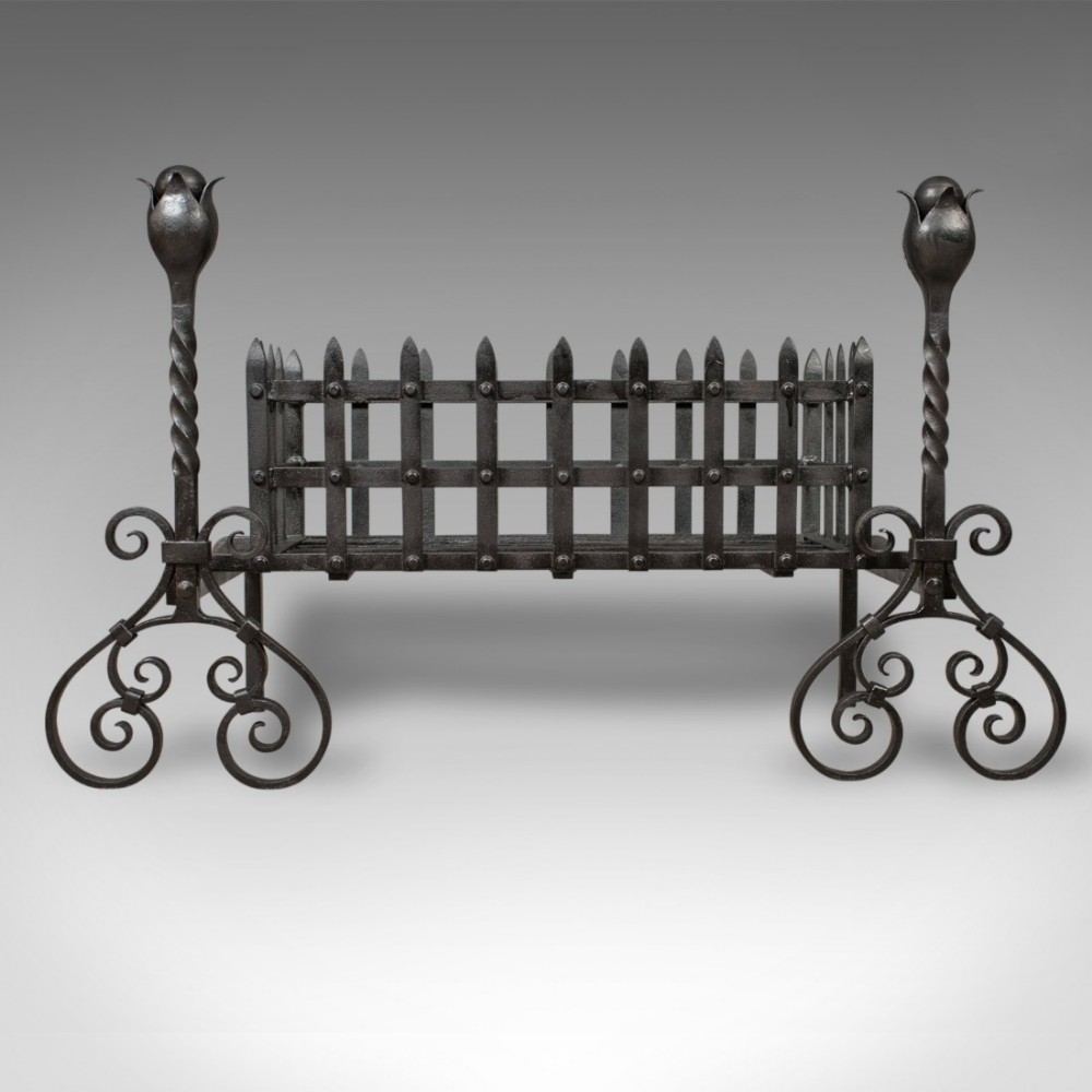 Antique Fire Basket, Large Victorian Iron Grate on Andirons c.1900