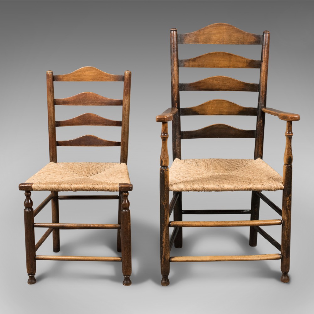 Set of 8 Antique Dining Chairs, English, Ladderbacks, Shaker c.1850