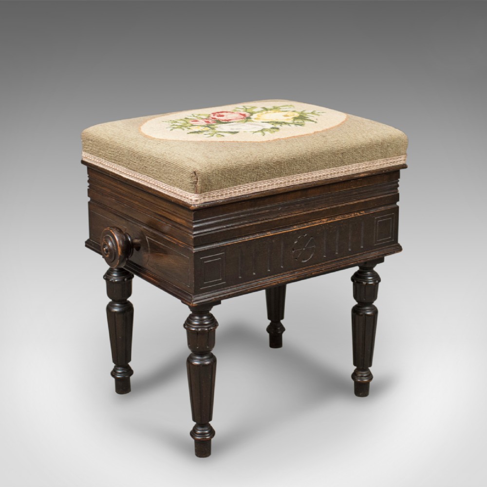 Adjustable Antique Piano Music Stool, English, Brooks Ltd, Victorian c.1880