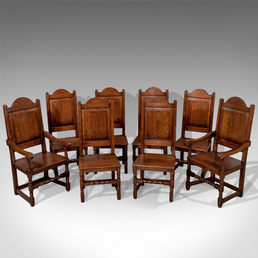 Antique Set of 8 Oak Dining Chairs Edwardian Jacobean Revival inc Carvers c1910