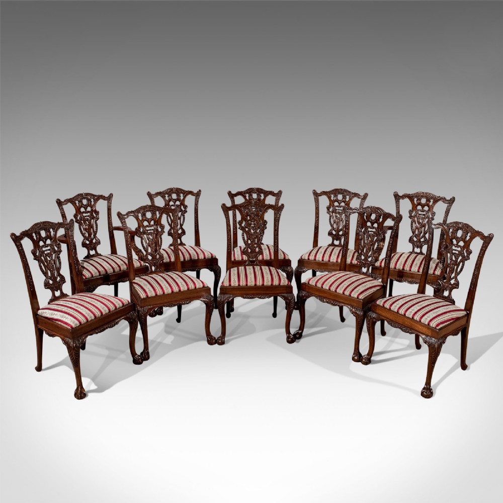 Antique Set of 10 Chippendale Dining Chairs Victorian Revival Inc Carvers c1900