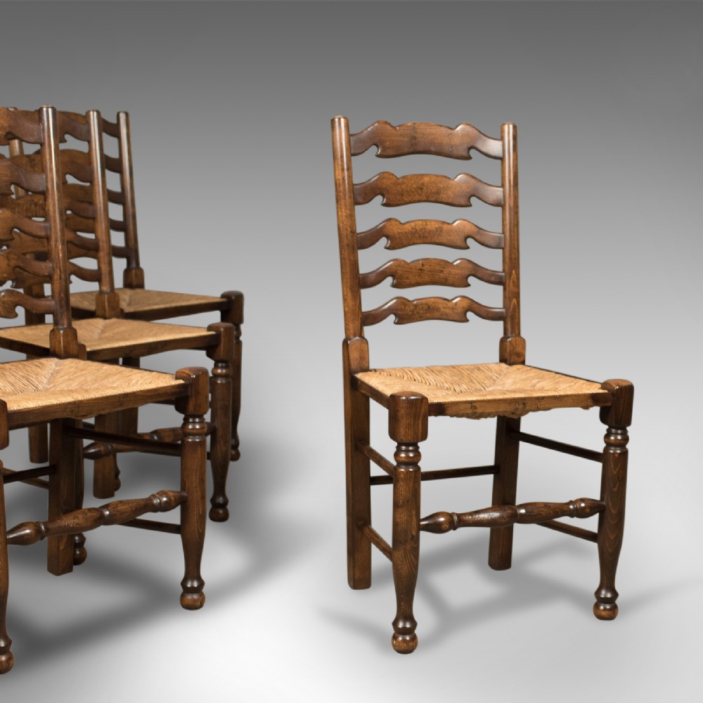 Set of 4 Antique 'Wavy Line' Ladderback Dining Chairs, Edwardian c.1910