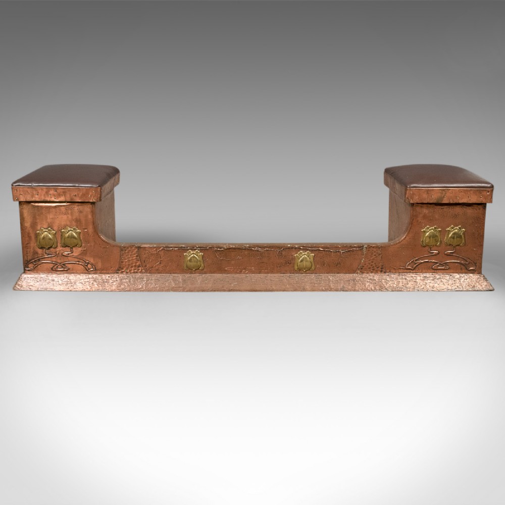 Art Nouveau Copper Fire Kerb, Late Victorian Fireplace Hearth, c.1900