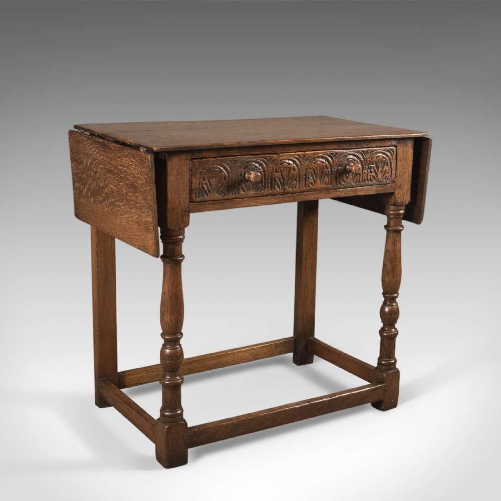 Antique Drop Flap Side Table, Victorian 17th Century Revival, English Oak