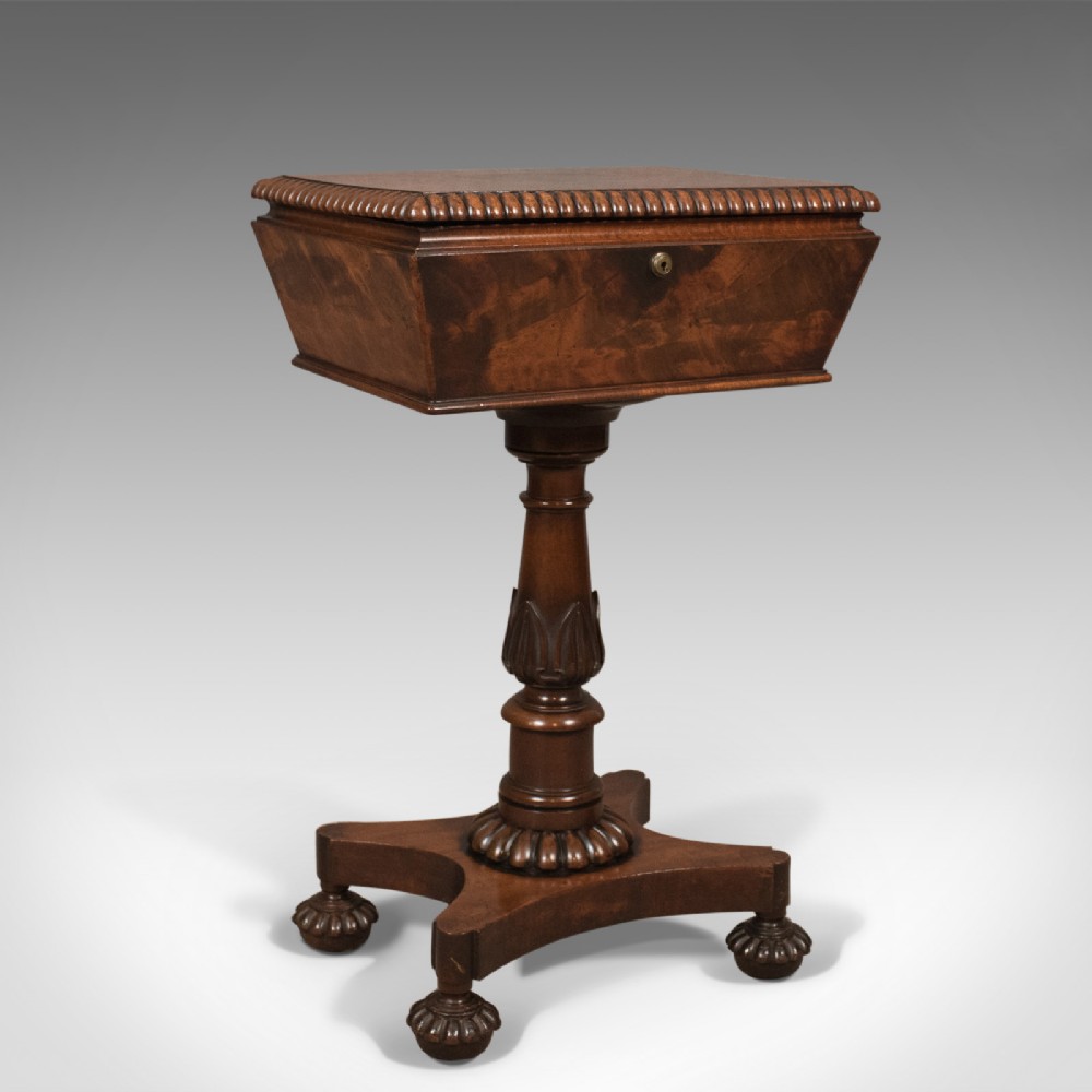 William IV Antique Teapoy, English Flame Mahogany, Side Table, c.1835