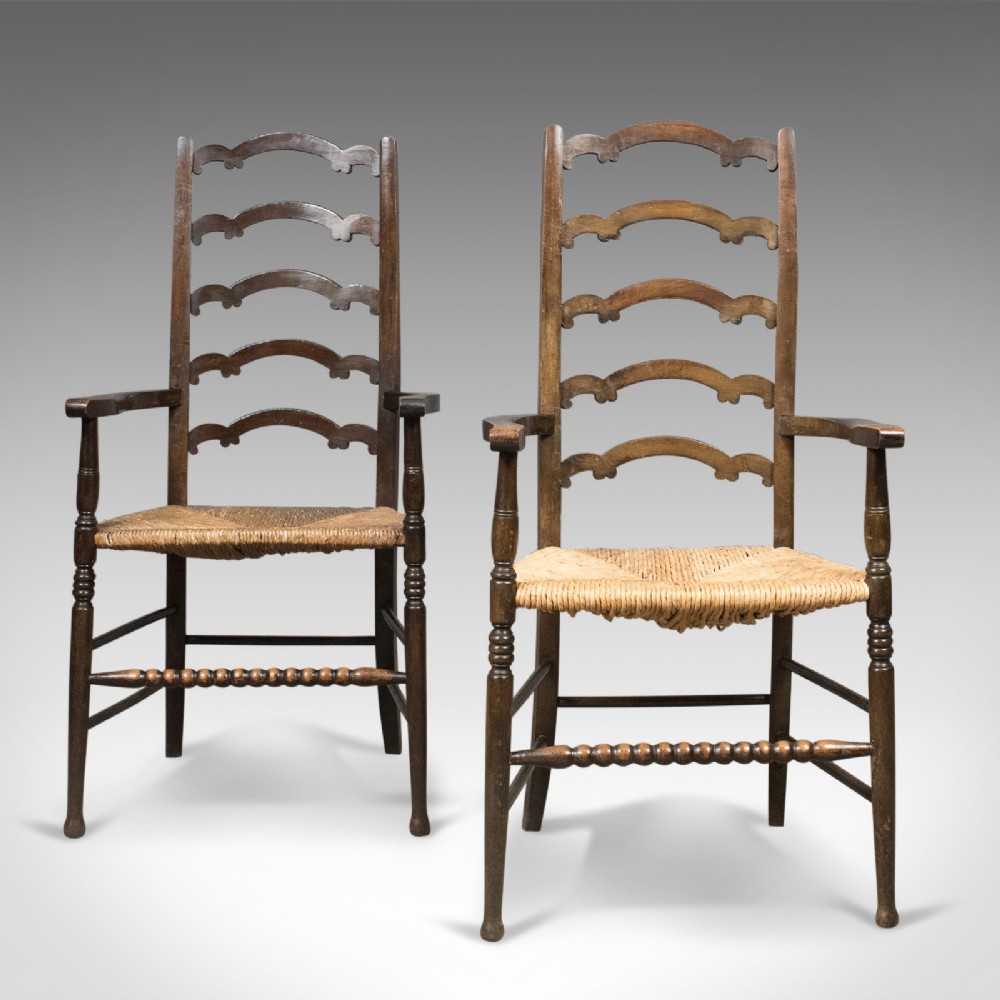 Antique Pair of Wavy Line Ladderback Elbow Chairs, Edwardian Dining c.1910