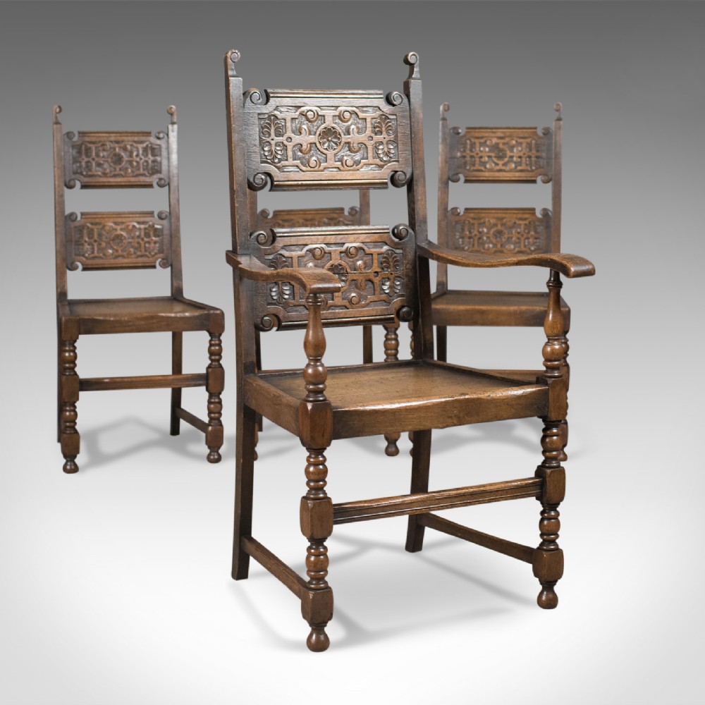 Scottish Set of 4 Antique Dining Chairs, Oak, Victorian c.1900