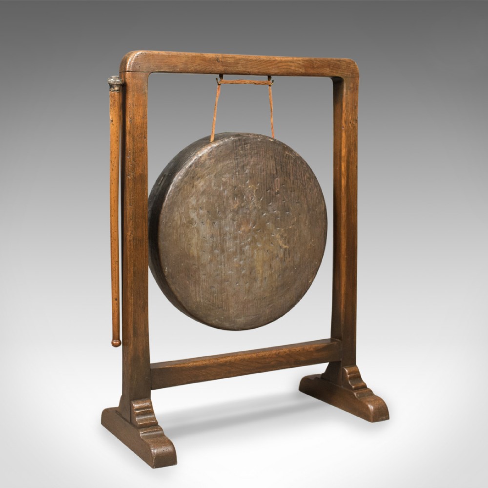 Large Victorian Dinner Gong with Beater in English Oak Frame, c.1870
