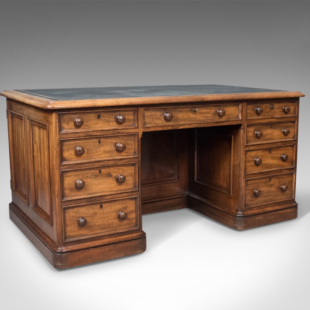 Large Antique Pedestal Desk, English, Mahogany, Victorian, Partners c.1860