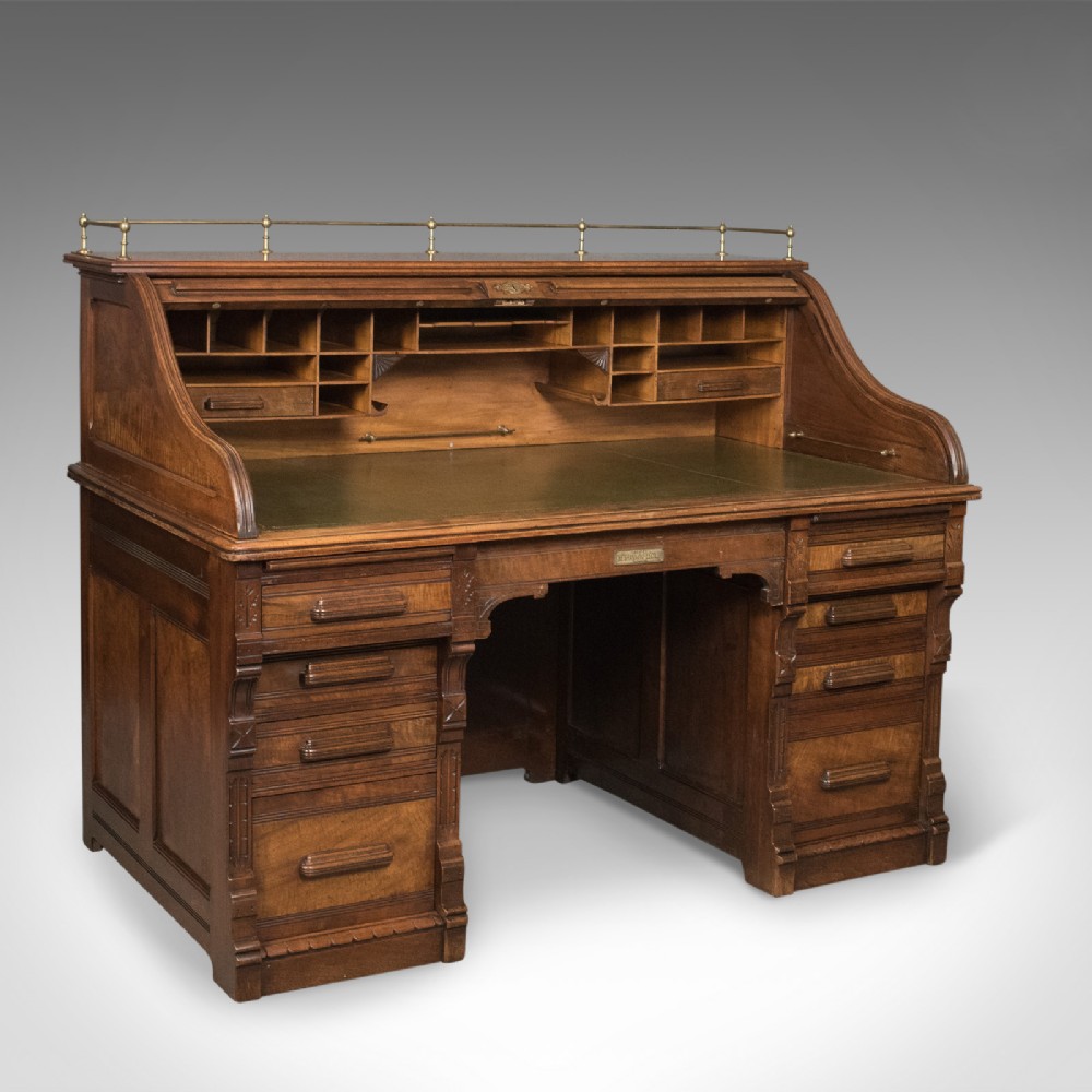 Antique Roll Top Desk, Shannon File Co., English, Walnut, Edwardian Circa 1910
