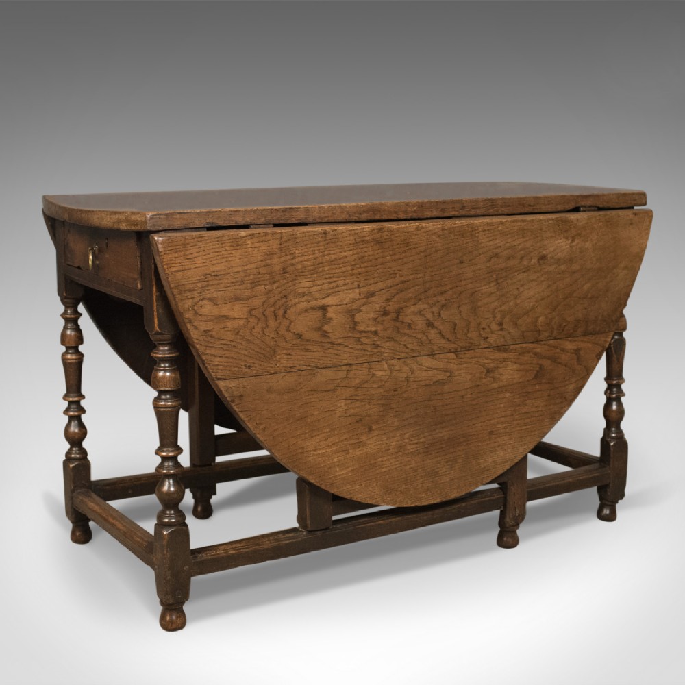 Antique Drop Leaf Dining Table, English Oak, Ovular, Six Seater, Circa 1700