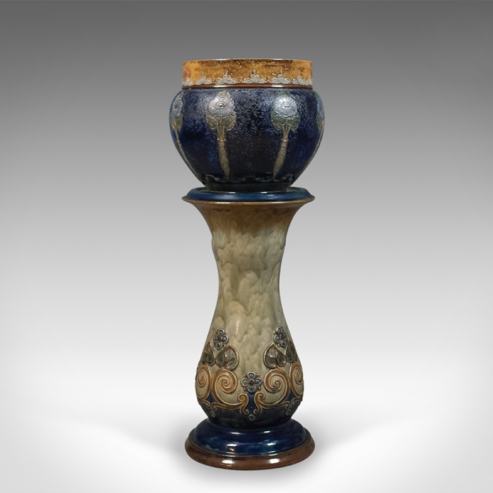 Antique Stoneware Jardiniere on Stand, Royal Doulton, Art Nouveau Circa 1900