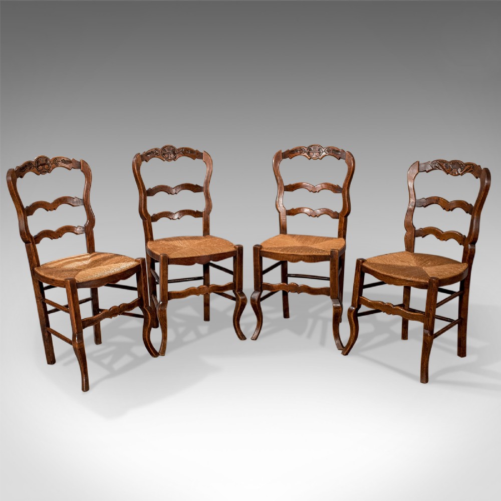 Set of Four Antique Dining Chairs in Dark Beech, French Country Kitchen Circa 1900